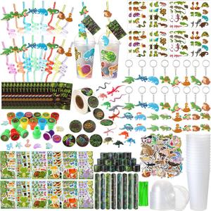 Poen 212 Pcs Reptiles Party Favors Set Include Cup Straw Stamp Clap Bracelet Keychain Ring Puzzle Sticker Animal Miniature Card for Birthday Summer Outdoor Party Baby Shower Goody Bag Stuffer