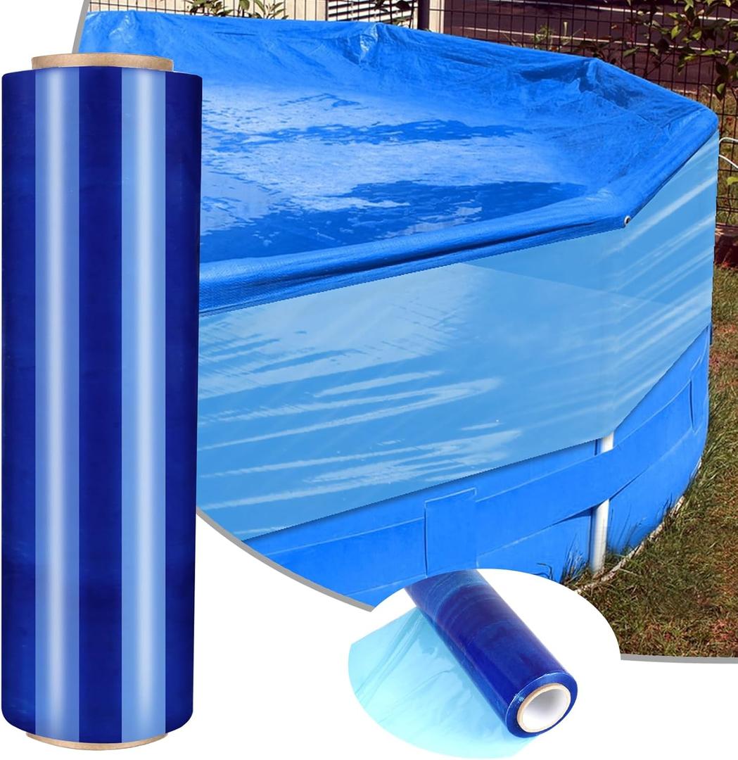 Winter Cover Sealer for Above Ground Pool Covers - Ultra Long 16''  500ft for Above Ground Windproof Stretchable, PE Airtight Anti-UV Pool Cover Saver Wrap for Keeps Swimming Pool Clear - Blue (Small)