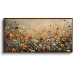 InSimSea Extra Large Framed Vintage Wall Art, Living Room Country Farmhouse Decor, Spring Flower Wildflower Landscape Canvas Prints, Retro Flowers Long Pictures for Bedroom Above of Bed, 20x40inch