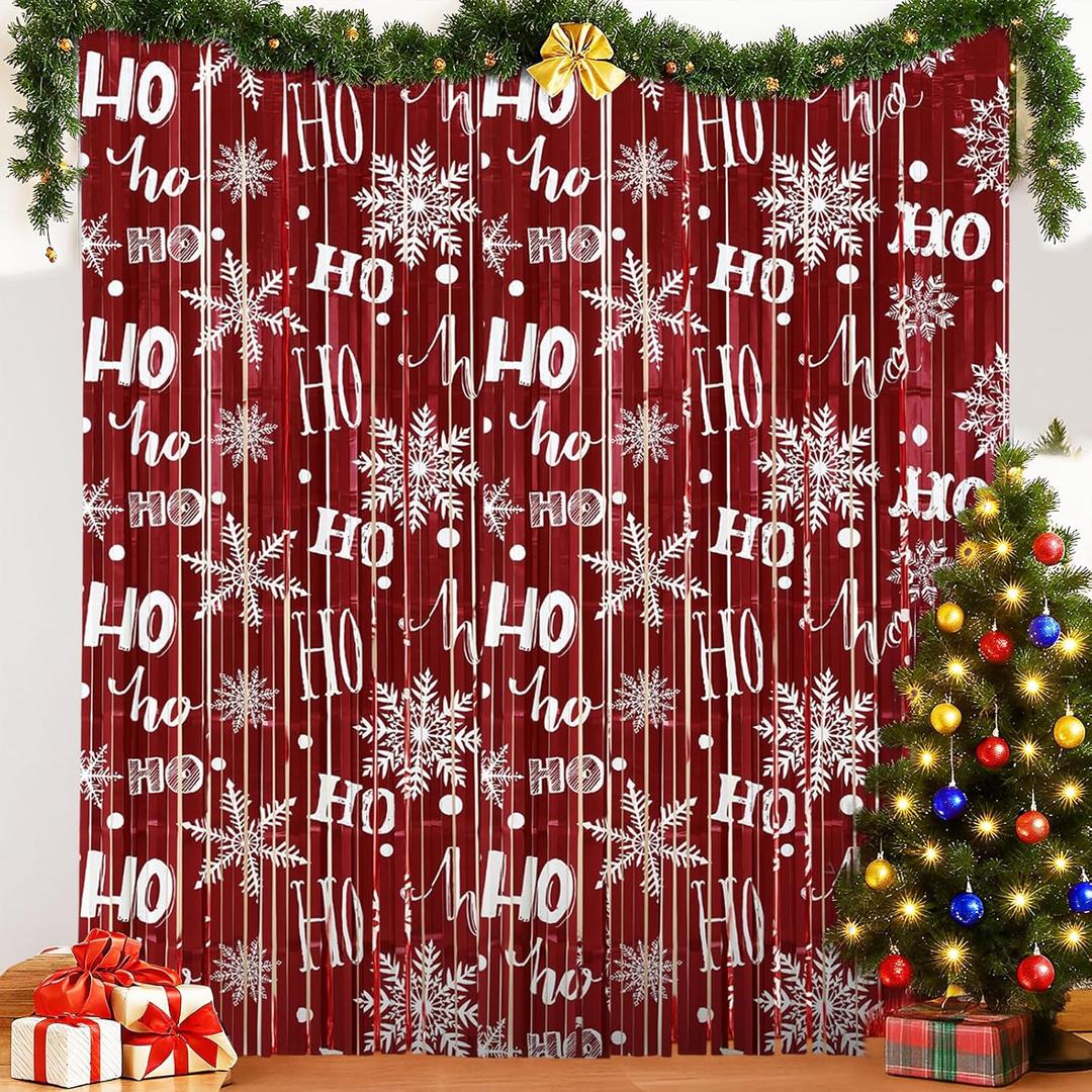 2 x Moukeren 4 Pack Winter Foil Fringe Curtains 3.3 X 6.6 ft Winter Snowflake Foil Curtain Backdrop Wonderland Backdrop Streamers Photobooth Props for Christmas Holiday Party Decor (Blue,Tree)(Red,Snow)