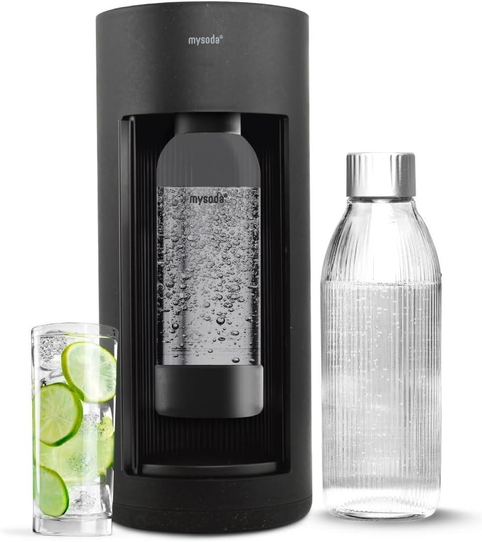 New Mysoda Glassy Design Sparkling Water Maker With 1L Glass & Plastic bottle - Silent Nordic Design Soda Maker Featuring A Sliding Door Opening - No Cylinder Included - Colour Black