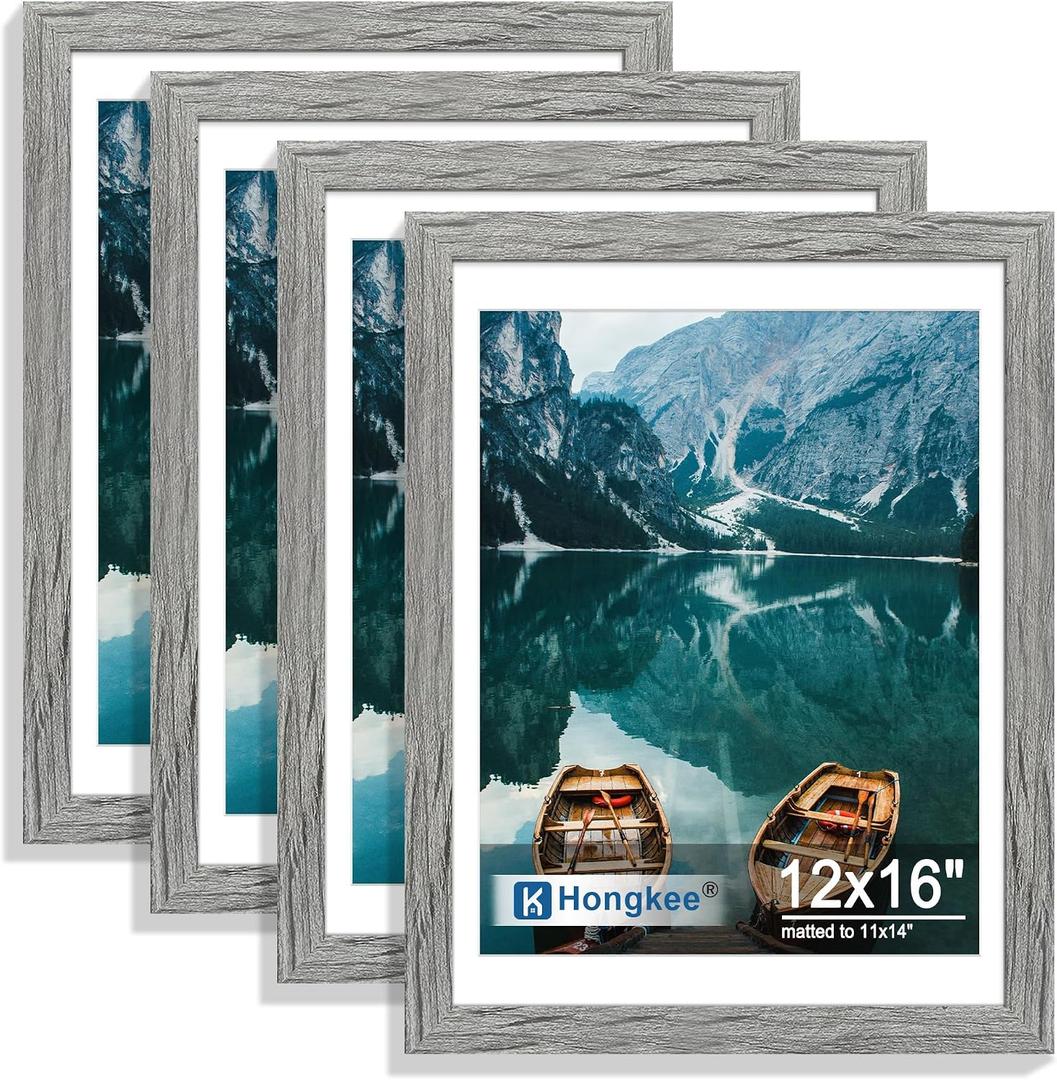 12x16 Picture Frame Set of 4, 12 x 16 Grey Wood Style(Mat 11x14), 12X16 in