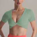 Aoxjox Short Sleeve Crop Tops for Women Sienna Twist Deep V Workout Cropped T Shirt Top (Sage Green, X-Large)