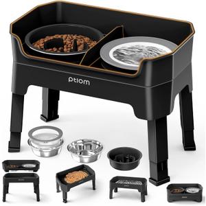 4-in-1 Elevated Slow Feeder Dog Bowls, 4 Height Adjustable Mess Proof Raised Dog Bowl Stand with No Spill Water Bowl, Stainless Steel Doggy Food Dish & Slow Feeder for Large Medium Small Pets (Black)