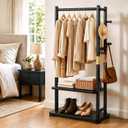 Solid Wood Clothes Rack with 2 Shelves & 4 Hooks for Hanging Clothes Garment Wallets Hats, Black Clothing Rack Heavy Duty Coat Rack Freestanding with Storage Hall Tree for Hallway Bedroom Living Room