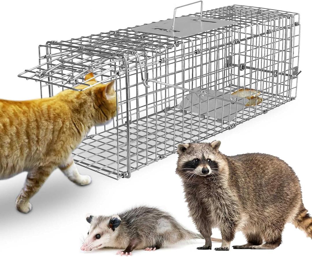 Live Animal Trap Cage, Large Foldable Galvanized Steel Humane Animal Cage Trap, Heavy Duty Metal Trap Cage for Small Stray Cat Raccoon Groundhog Squirrel Chipmunk Mole Gopher Skunk 24"x7.5"x8"
