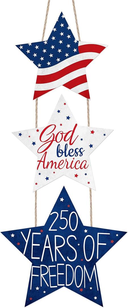 4th of July Patriotic Wreaths for Front Door USA 250th Anniversary Decorations Pentagram Patriotic Wreath Hanging Sign 4th of July Door Hanger for Memorial Independence Day Outdoor Home Wall Decor