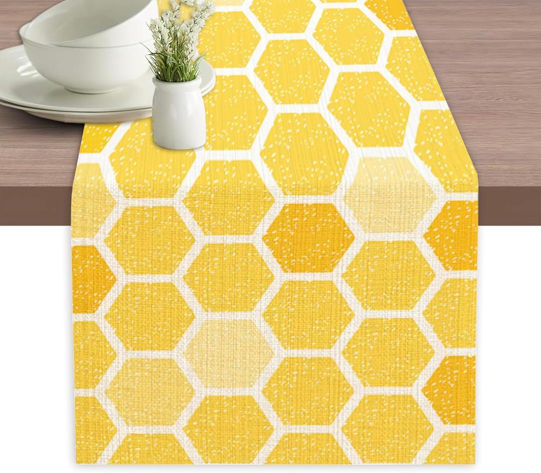 Honeycomb Bee Geometric Table Runner Dresser Scarves Seasonal Linen Tablerunner for Indoor Outdoor Kitchen Home Party Holiday Dining Table Decor 13 X 70 Inch