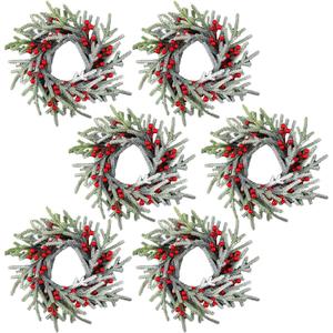 6 Pcs Christmas Candle Rings Wreaths Artificial Red Berries Snowy Pine Candle Rings Holder for Christmas Wedding Home Table Centerpiece