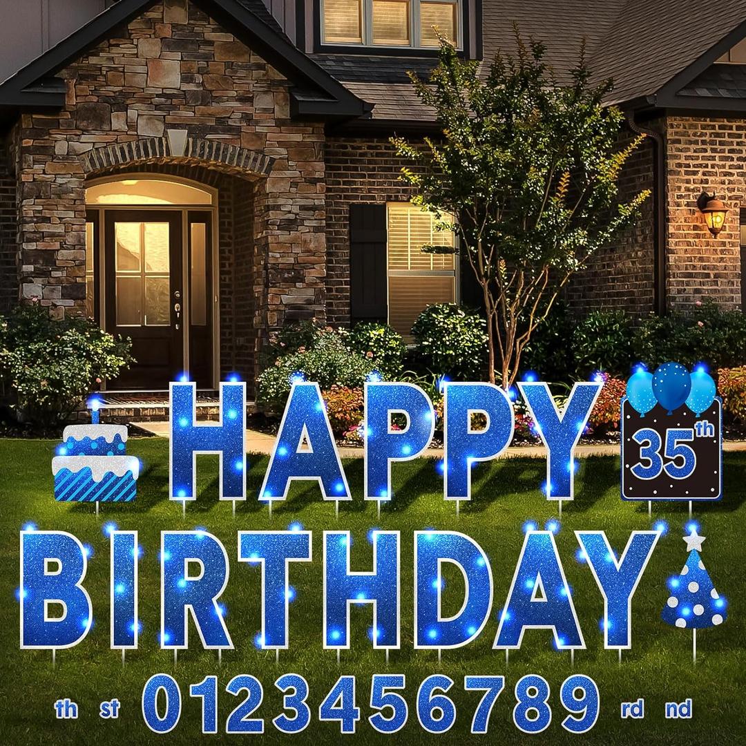 Yerliker 16 Pcs Happy Birthday Yard Signs with Stakes, 32.8 ft LED Lights, 42 Pcs Number Stickers, 13.4 Inch Letters Signs for Birthday Party Supplies Yard Lawn Outdoor Decoration(Royal Blue)
