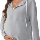Women's Maternity Half Zip Sweatshirts Long Sleeve Drop Shoulder Drawstring Hoodie (Large, Grey)