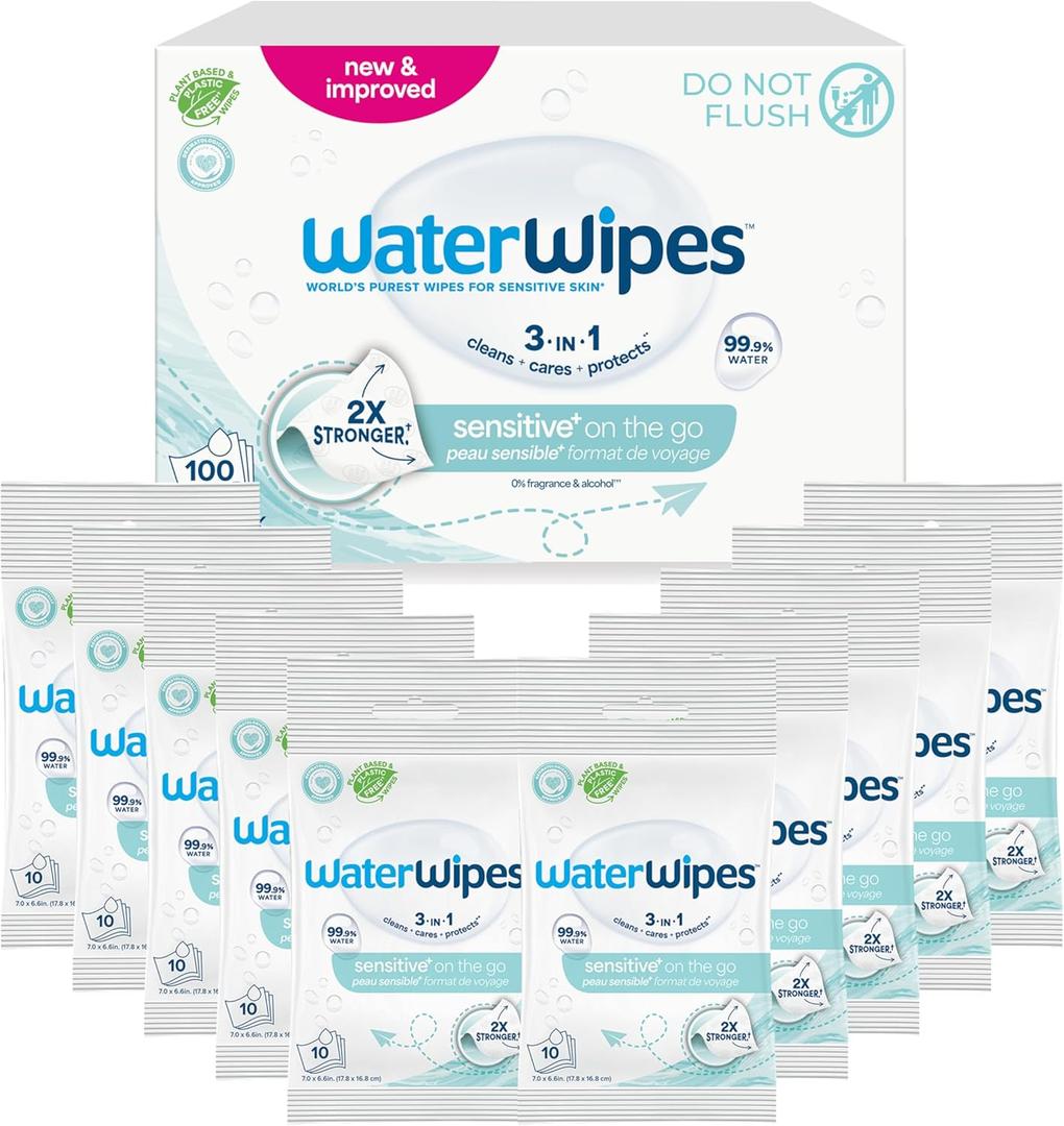 WaterWipes Sensitive+ On The Go Wipes, 3-In-1 Cleans, Cares, Protects, 99.9% Water, Unscented & Hypoallergenic Wet Wipes, 100 Count (10 Packs)