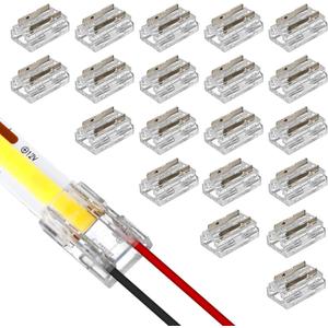20 Pack LED Strip Connectors 8-in-1 for 10mm 2-Pin COB and SMD 2835/3528 Strip Lights 20-22 AWG, Strip to Strip Strip to Wire Corner Straight, Solderless Gapless Transparent No Dark Area