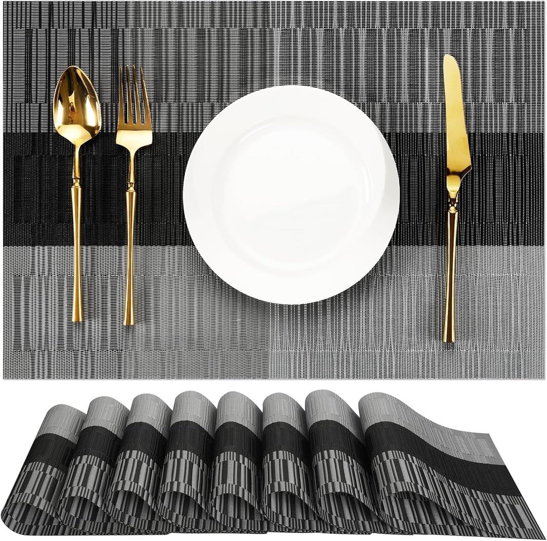 Placemats Set of 8, Vinyl Woven Place Mats Indoor Set of 8 Washable Wipeable PVC Table Mats Heat-Resistant Non Slip Plastic Placemat for Kitchen Dining Outdoor Table (Gray Black, Set of 8)