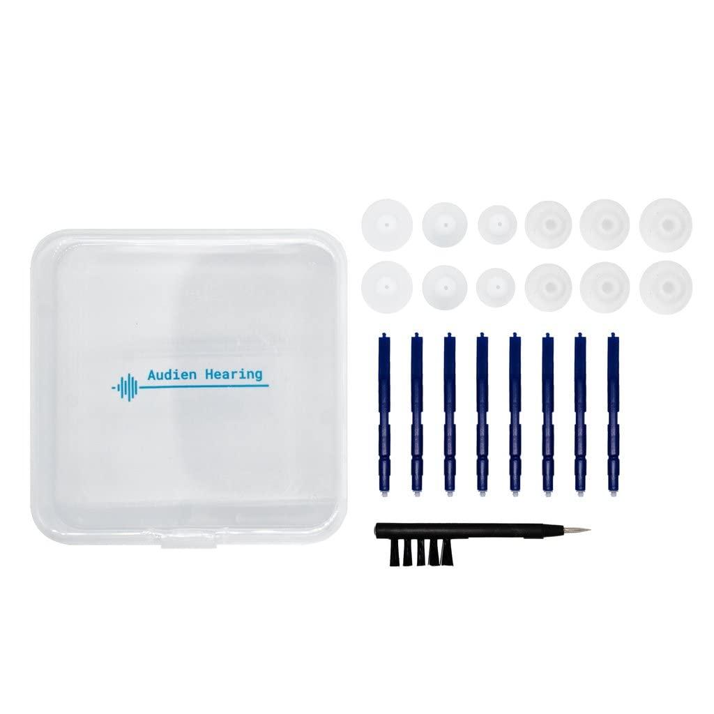 Audien Hearing Amplifier EV3 Accessories Kit, Silicone Dome Earbuds, Cleaning Brush and Screwdriver, Wax Guards, Carrying Case
