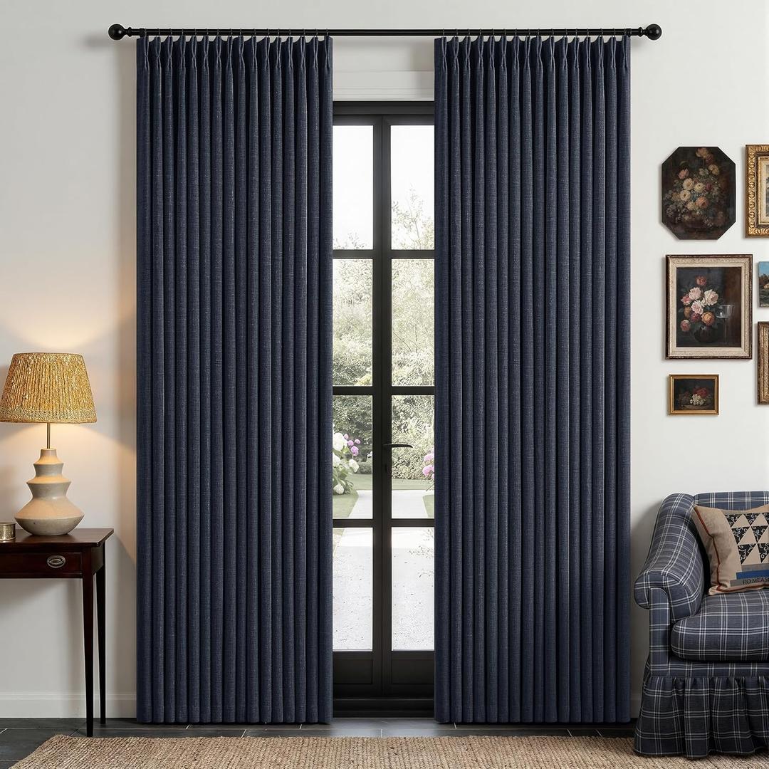 Navy Blue Pinch Pleated 100% Blackout Linen Curtains for Bedroom 84 Inch Length Room Darkening with Liner Window Curtains 84 Inches Long for Living Room Black Out Pleat Drapes Back Tab 50 Inch Wide