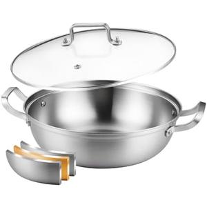 Delarlo Tri-Ply Stainless Steel 12 inch Everyday Pan with Glass Lid, Deep Saute Pan, Kitchen Everything Pan, High Side Chef's Pans, Induction Cooking Pot, Dishwasher Safe, 4QT Stock Pot Up To 600℉