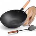 WANGYUANJI 12.6" Carbon Steel Wok with Lid, Flat Bottom Wok Pan for Induction and Gas Stoves, Heavy Duty Unseasoned Asian Stir Fry Pan with Detachable Wooden Handle