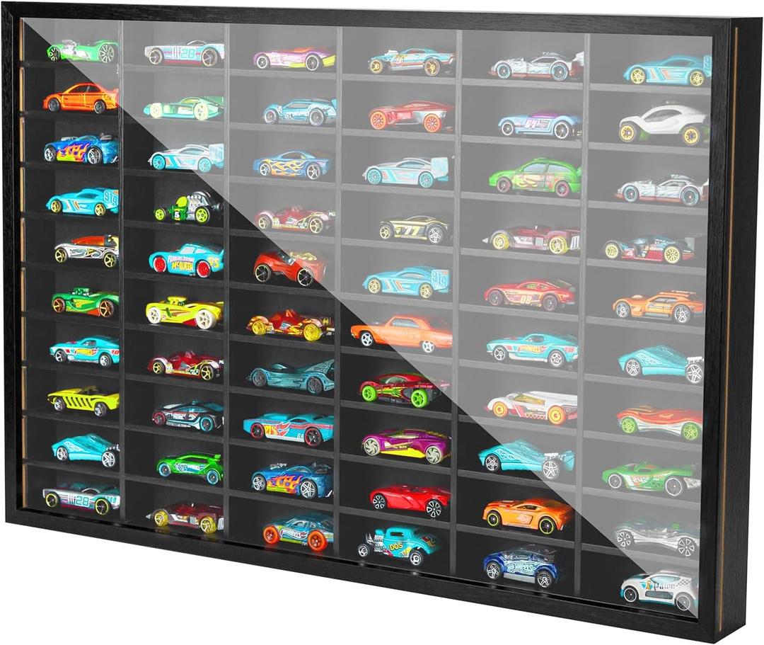 Model Car Display Case, 1/64 Hot Toy Cars Wheels Matchbox Car Storage case for Collectibles, Toy Wooden Wall Mounted Display Case Cabinet with 60 Compartments