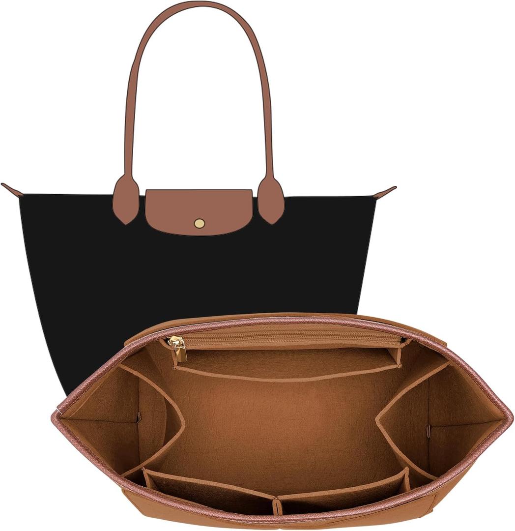 Felt Purse Organizer Insert for Longchamp Le Pliage M Bag Handbag Leather edge Longchamp Organizer Insert (Brown, Medium)