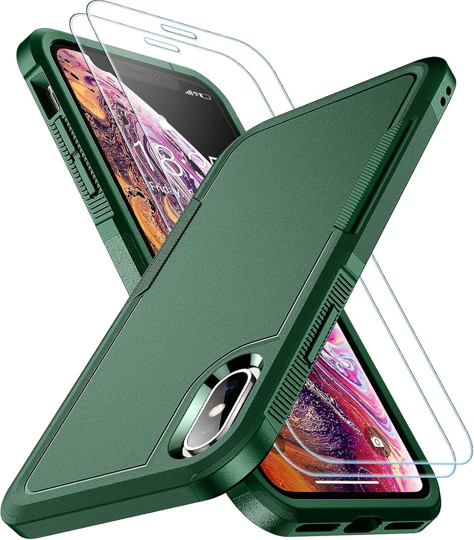 SPIDERCASE for iPhone Xs Max Case, [10 FT Military Grade Drop Protection] [2 pcs Tempered Glass Screen Protector] Shockproof Airbag Cushion Protective Case for iPhone Xs Max 6.5 (Dark Green)