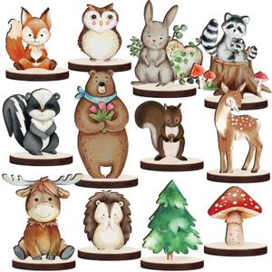 Geetery 12 Pcs Woodland Animals Wooden Animal Cutout Shapes Forest Painted Woodland Baby Shower Decorations Wild Creatures Wood Table Centerpieces for Forest Camp Party Supplies (Cute)