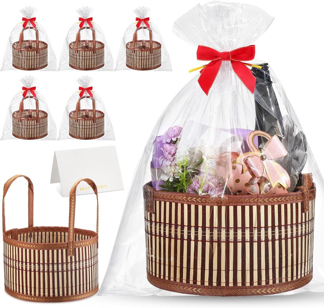 Weysat 6 Set Baskets for Gifts Empty Valentine's Day DIY Bulk Large Woven Bamboo Gift Basket Kit with Handle Wrap Bag Red Bow to Fill for Wedding Birthdays Party Wrapping (Brown)