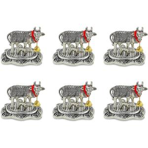 NOBILITY Pooja Items Diwali Gift Silver Antique Small Kamdhenu Cow with Calf Metal Statue Decorative Item Showpiece for Home Office Decoration Wedding Return Gifts Pack of 6