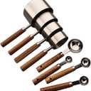 8 pieces Silvery Measuring Cups Set and Measuring Spoons Set with Scale, BRIIEC Wooden Handle Stainless Steel Dry & Liquid Measuring Cup for Cooking Baking