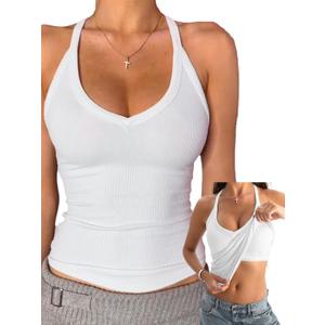 Danysu V Neck Cotton Tank Tops with Built-in Shelf Bra Sleeveless Racerback Fitted Basic Cami Shirts (Large, Bright White)