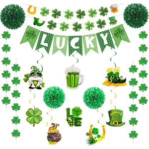 2 x St. Patrick's Day Decorations Kit with Lucky Banner, Hanging Swirls, Glitter Shamrock Garlands, Paper Pompoms for St. Patrick's Day Decor, Irish Themed Party Favor, Home, Office