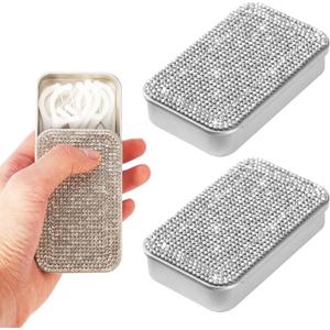 2Pcs Bling Dental Floss Holder,Portable & Refillable Floss Pick Holders, Metal Tin Box Case for Q-tip,Cotton Swab(White)