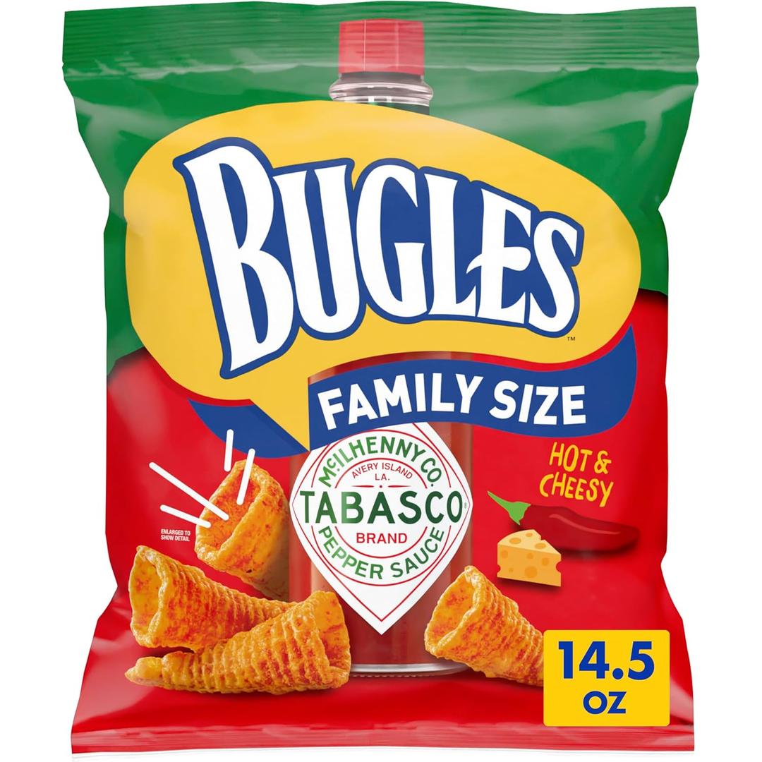 Bugles Tabasco Flavored Crispy Corn Snacks, Hot and Cheesy, Family Size, 14.5 oz, BB Date: 1/15/26