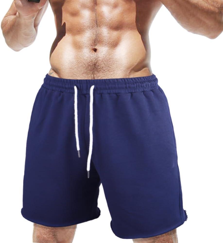 Men's Gym Sport Bodybuilding Workout Casual Shorts with Pockets 3 inch Inseam Raw Hem Terry Cotton, Medium