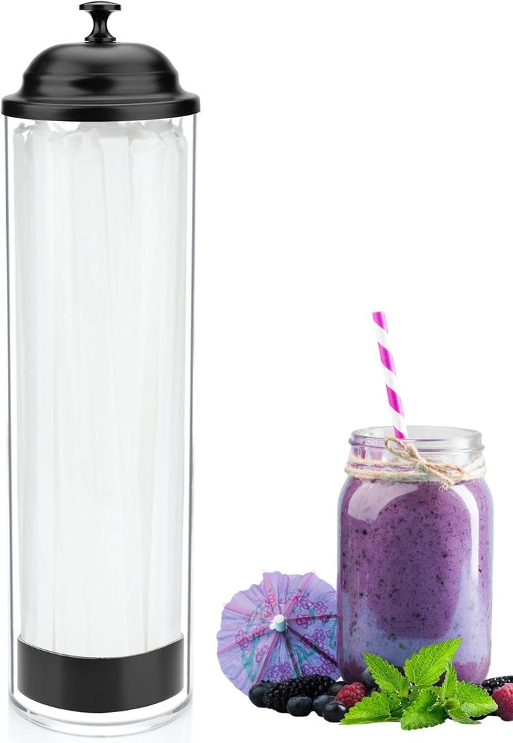 13.5 inch Straw Holder for Standard & Long Bended Size Drinking Straws, Acrylic Plastic Straw Dispenser with Lid, Black, Heavy Duty, 1 Piece, One Size