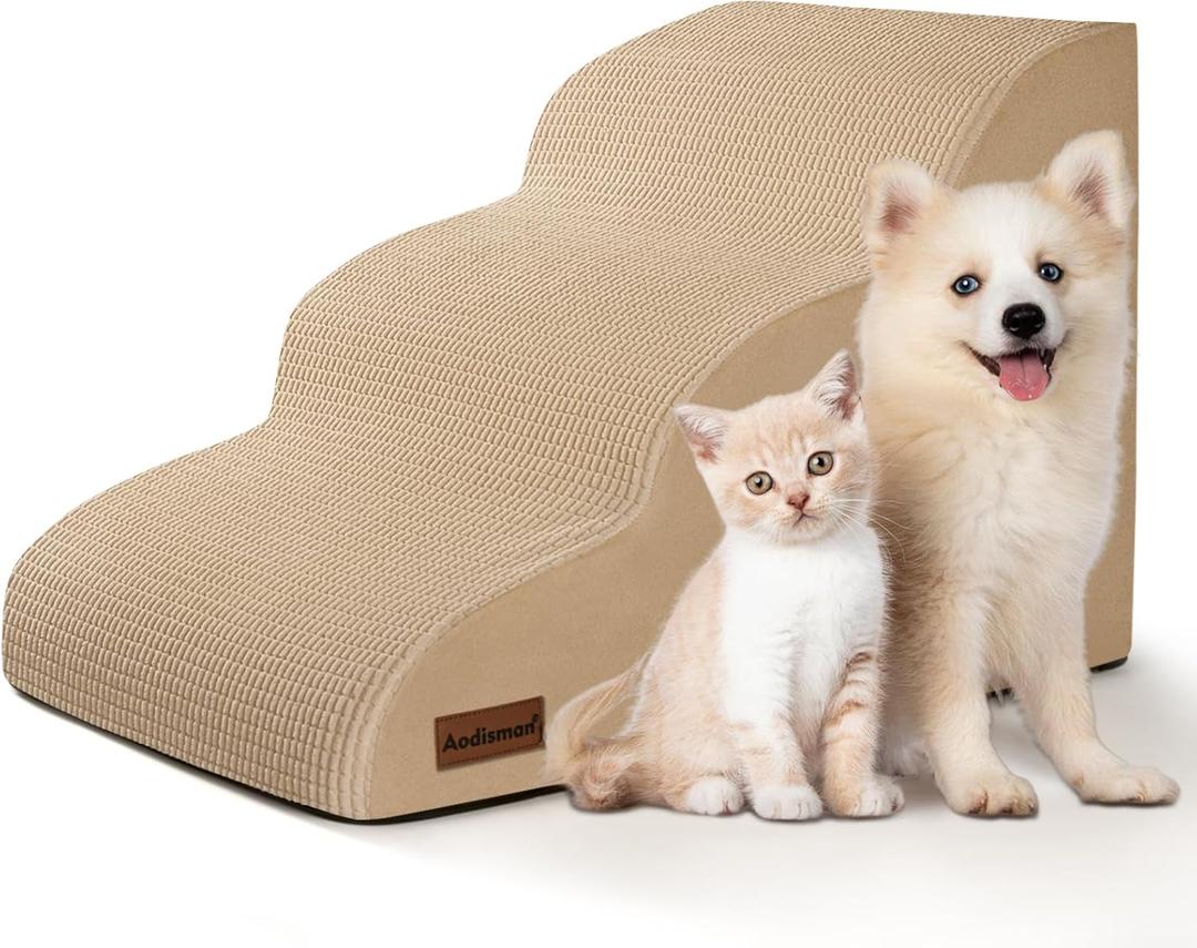 Aodisman 3Step Dog Ramp and Stairs for Sofa and Chair  NonSlip Sturdy Pet Steps for Small Dogs and Cats,15.7" H,Beige
