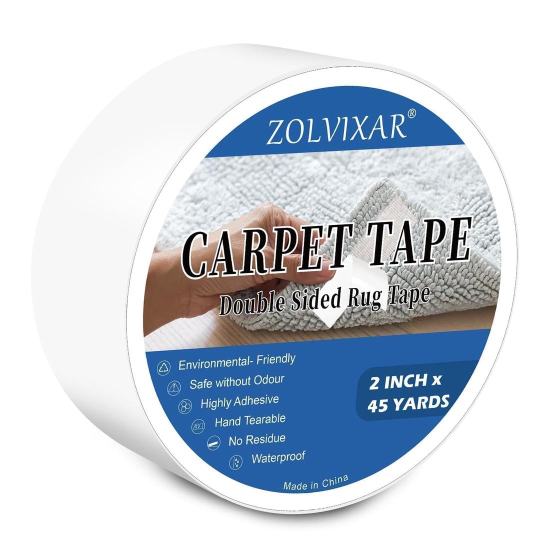 Double Sided Carpet Tape to Fasten Area Rug Edges 2 Inch x 45 Yards, Removable Residue-Free Rug Tape, Heavy-Duty Non Slip Rug Gripper for Living Room, Bathroom, Office to Hardwood, Ripped by Hand