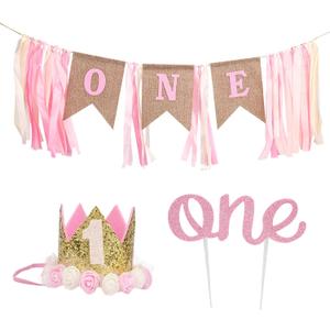 First Birthday Decorations, High Chair Banner Glitter 1st Cake Topper & Party Hat Set Pink Floral One Year Old Birthday Highchair Party Supplies for Photo Backdrop