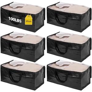 6 Pack Waterproof Moving Bags with Strong Zippers and Reinforced Handles, Real 100lb Capacity Extra Heavy Duty Large Storage Totes for Packing & Moving Storing, Alternative to Moving Boxes -95L,Black