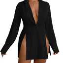 LYANER Women's Button Down Shirt Dress Collared Long Sleeve Sexy Tops Slit Hem Shirts Black X-Large