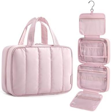BAGSMART Travel Toiletry Bag for women, Portable Hanging Hook Makeup Bag Organizer, Waterproof Makeup Cosmetic Bag, for Full-Size Accessories, Toiletries, Pink