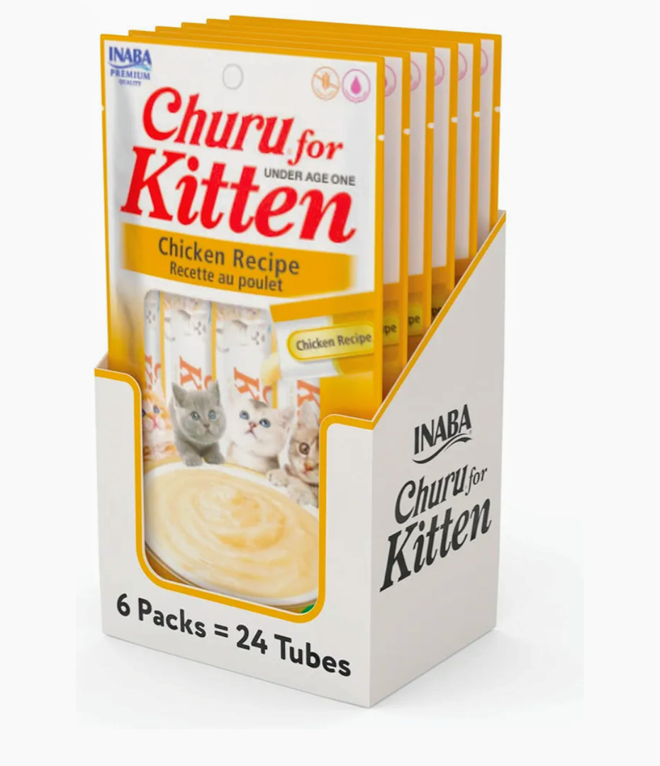 INABA Churu for Kittens, Grain-Free Creamy, Purée Lickable Cat Treats with DHA, EPA, Vitamin E & Taurine, 0.5 Ounces Each, 24 Tubes (4 per Pack), Chicken Recipe