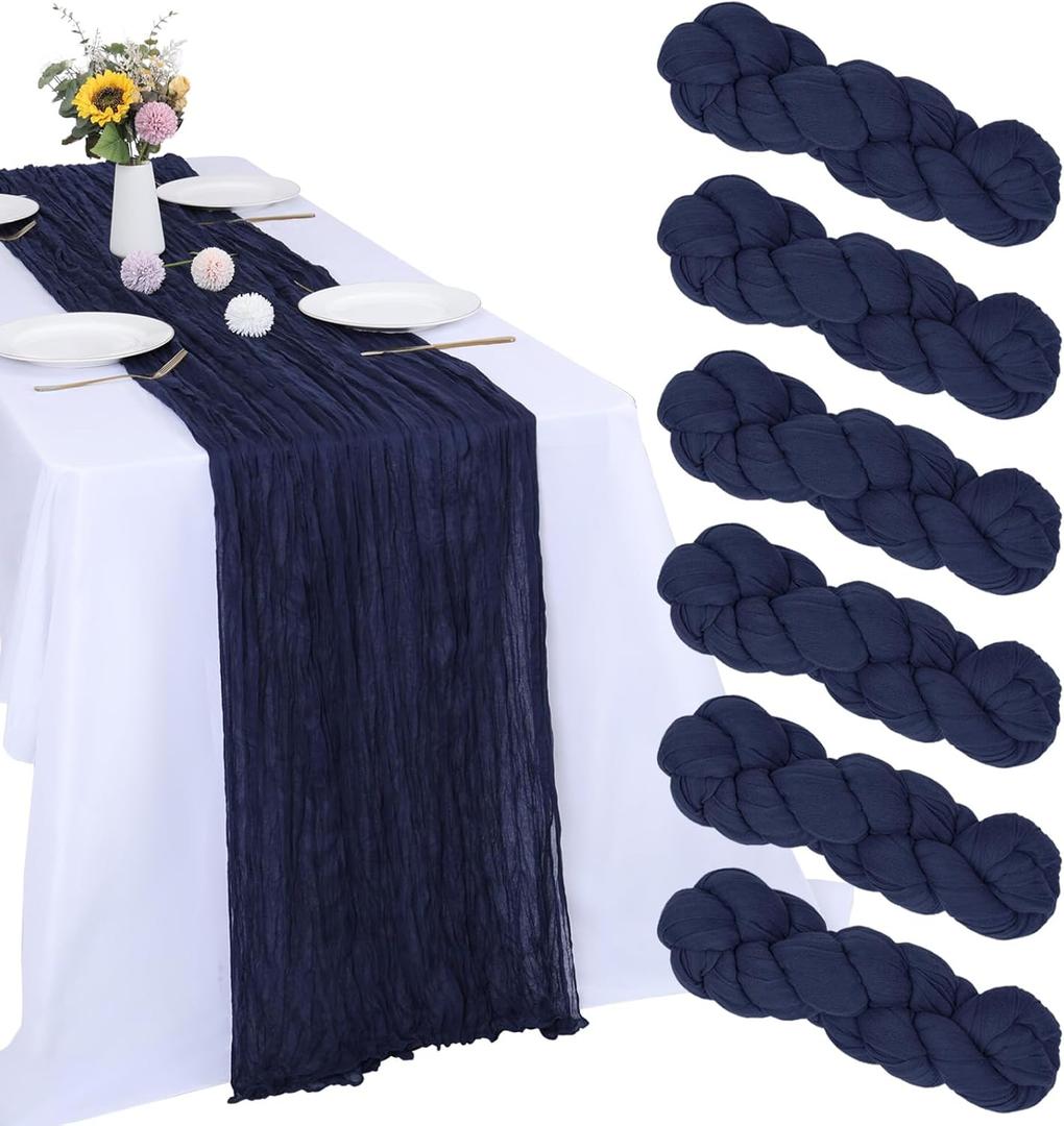 6 Pack Navy Blue Cheesecloth Table Runner 10FT Boho Gauze Fabric Blue Cheese Cloth 35 x 120 Inch Rustic Sheer Table Runner for Wedding Decor Baby Shower Party Decoration