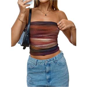 OYOANGLE Women's Tie Dye Ruched Strapless Tube Top Party Sleeveless Going Out Bandeau Crop Tops (Large, Multicolor)