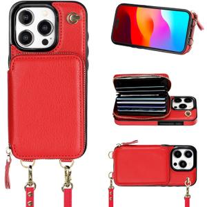 Bocasal Crossbody Wallet Case for iPhone 15 Pro, RFID Blocking Leather Purse Case with Card Holder, Protective Handbag Flip Cover with Zipper Wrist Strap Lanyard for Women 5G 6.1 Inch (Red)