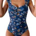 Eomenie Women's One Piece Swimsuit Tummy Control Cutout Bathing Suit Push Up Wide Straps Swim Suit (Medium, Navy Blue Print)