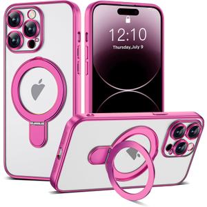 Compatible with iPhone 14 Pro Max Case with Magnetic Ring Stand [Compatible with Mag-Safe] [Full Camera Lens Protector] Soft Plating Clear Phone Case for iPhone 14 Pro Max 6.7", Rose