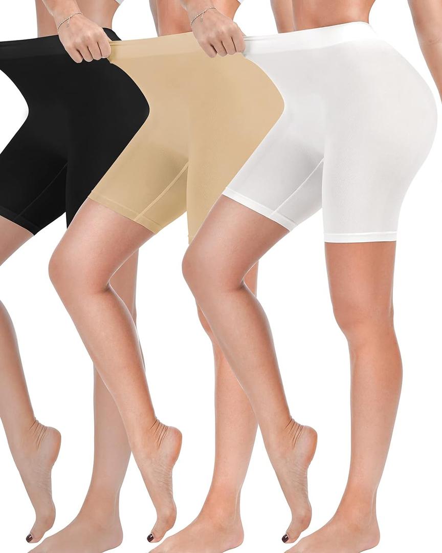 Reamphy 3 Pack Slip Shorts for Women Under Dress,Comfortable Smooth Yoga Shorts,Workout Biker Shorts (Large, Black+white+nude)