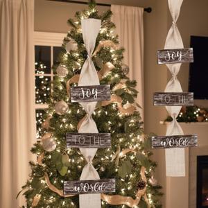 Farmhouse Christmas Decorations with Long Burlap Rustic Plaque Joy to The World Christmas Tree Decorations Large Xmas Wood Tree Hanging Ornaments Sign for Holiday Party Decorative Supplies