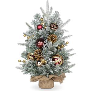 Small Christmas Tree Tabletop Artificial Christmas Tree Decorations with 9 Gold Red Ornaments Balls, Pine Cones and Berries Xmas Tree for Home Indoor Fireplace Desk Centerpieces Decor, 23.6 inch